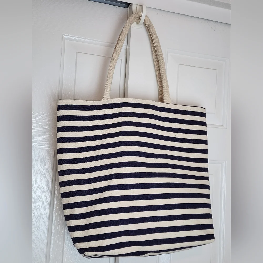 Nautical Striped Blue & Cream Doubble Handles Women's Tote Bag NWT
